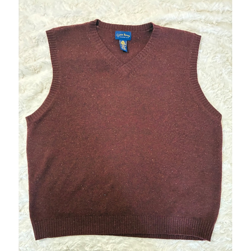 Club‎ Room Mens Lambswool V-Neck Sweater Vest Burgundy Donegal Fleck XL WPL8046